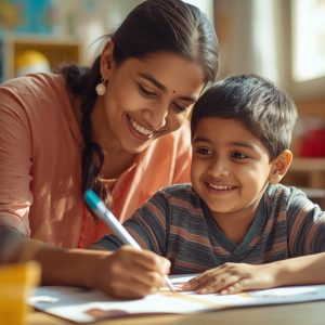 A caring childcare provider gently teaching a toddler to draw or read, in a colorful and safe classroom, natural lighting, joyful expressions, representing compassion and trust.