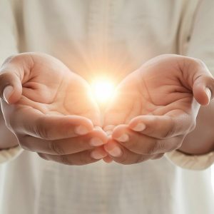 Close-up of a donor’s hands offering a heart-shaped object to a childcare worker, symbolizing giving and support, bright neutral background, hopeful mood, minimalist nonprofit aesthetic.