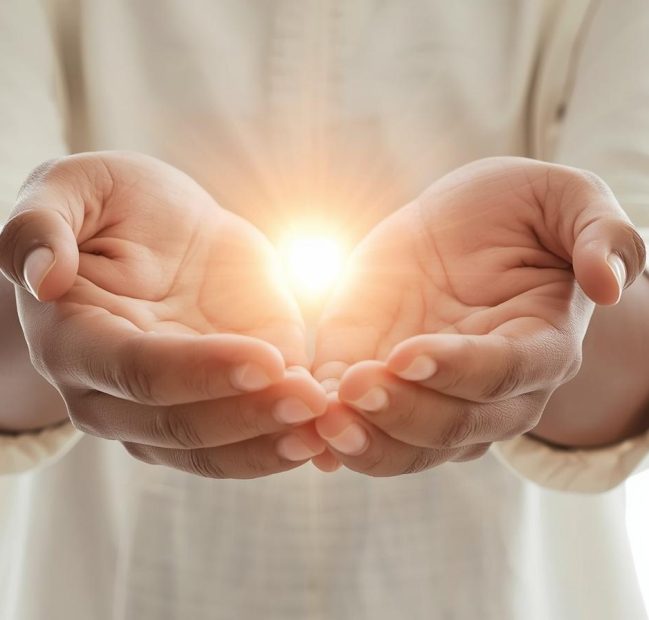 Close-up of a donor’s hands offering a heart-shaped object to a childcare worker, symbolizing giving and support, bright neutral background, hopeful mood, minimalist nonprofit aesthetic.